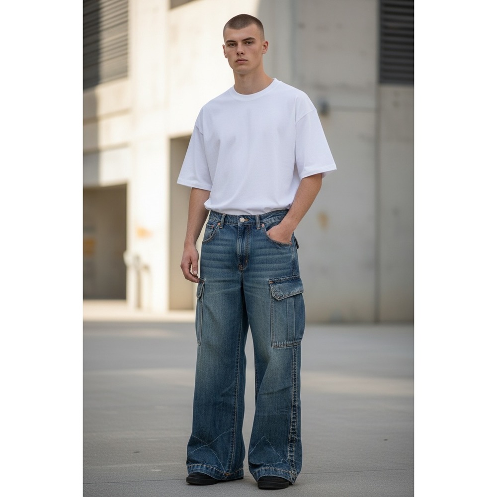 257 True Religion Mosaic Canyon Cargo Pant Big T Blue Denim Wide Leg Size 25 - Picture 1 of 8